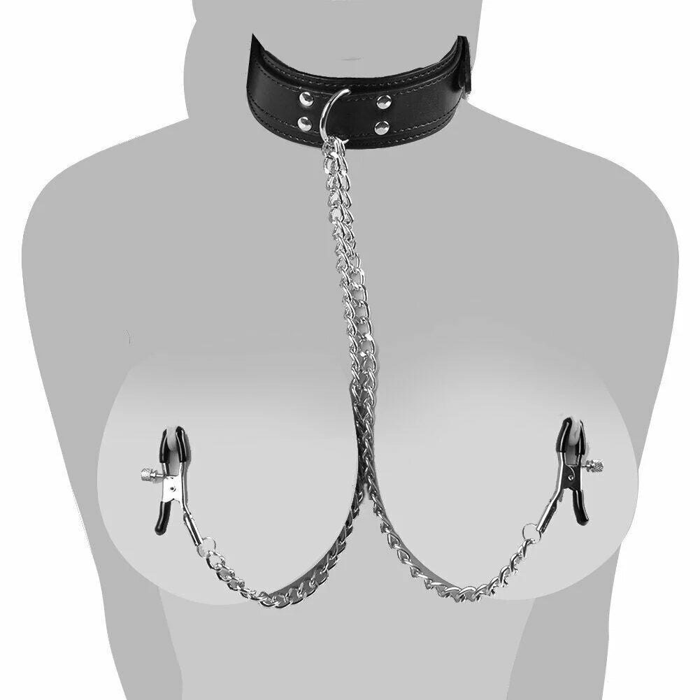 PU Leather Collar with Nipple Clamps SM Bondage Play Sex Toys for Couples BDSM