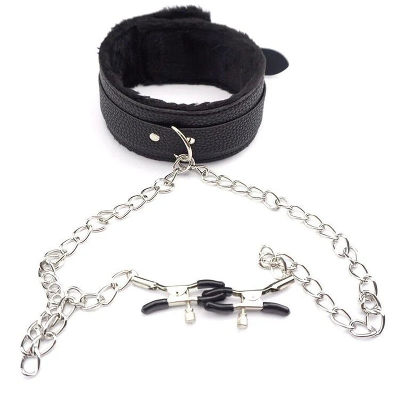 PU Leather Collar with Nipple Clamps SM Bondage Play Sex Toys for Couples BDSM